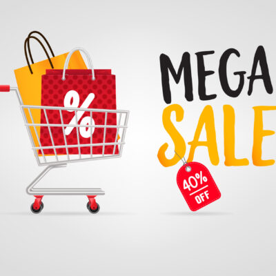 Mega sale lettering with shopping bags in cart Mega sale lettering with shopping bags in cart. Offer or sale advertising design. Typed text, calligraphy. For leaflets, brochures, invitations, posters or banners.