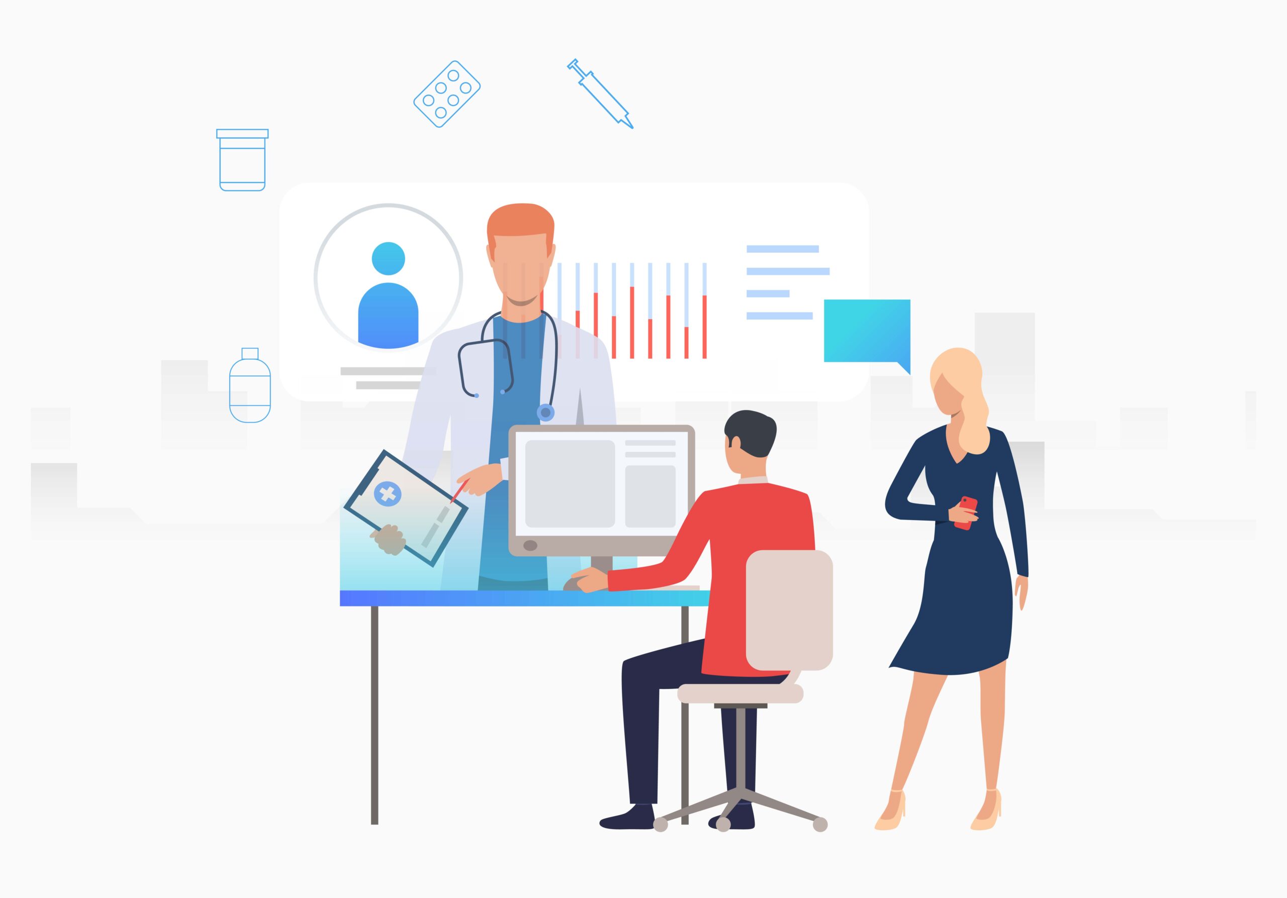 Man and woman accessing medical website vector illustration